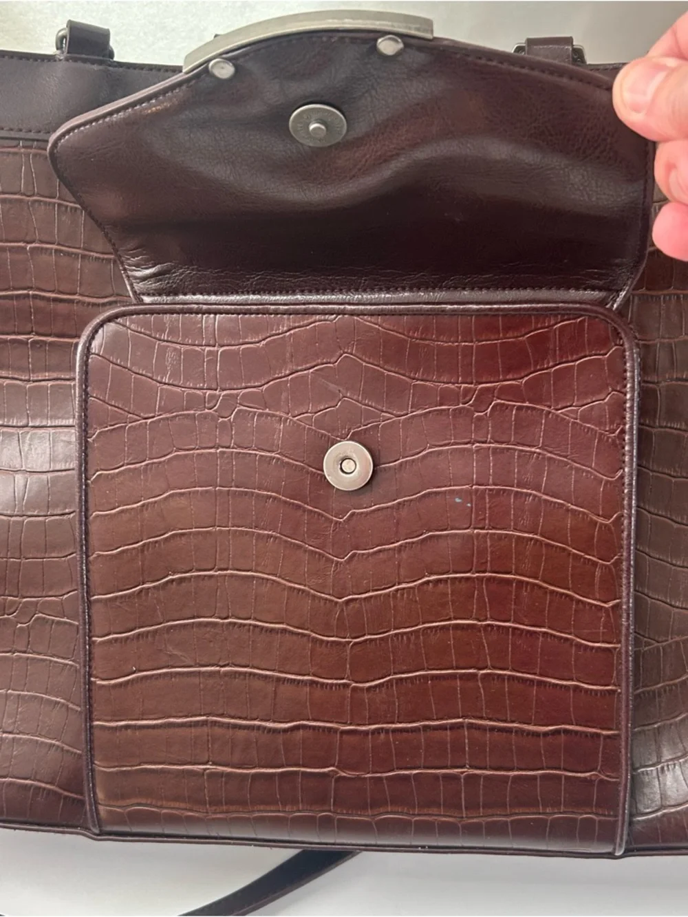 VTG Bueno Croc Embossed Faux Leather Briefcase Tote Shoulder Bag Brown Large